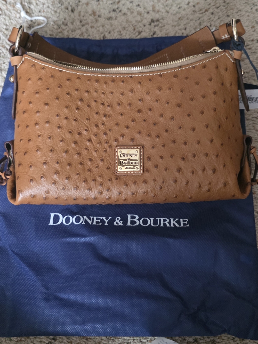 Dooney & Bourke Cognac Ostrich-Embossed Hobo with Gold Hardware